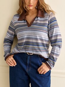 Écloséra Curve Plus Size Women's Spring/Autumn Vintage Minimalist Casual Daily Commute Versatile Shirt, Turn-Down Collar Ribbed Patchwork Ribbed Fabric Long T-Shirt - Multicolor - View 6