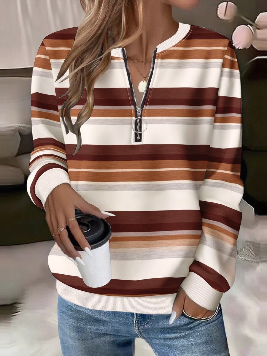 EMERY ROSE Textured Striped Print Zip-Up Round Neck Plus Size Women Sweatshirt Fall - Multicolor - View 1