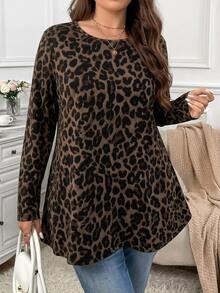 Firerie Vintage Leopard Print Casual Minimalist Round Neck Plus Size T-Shirt (Autumn/Winter) - Multicolor - View 4