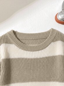 SHEIN 青少年女孩休閒條紋拼接露肩寬鬆蝙蝠袖長袖針織衫，秋冬季 - 卡其色 - 查看 5