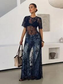 Lavishia 女款蕾絲刺繡透視洋裝拍照套裝，黑色花卉，夏季優雅派對夜女士俱樂部晚裝 - 藏蓝色 - 查看 4