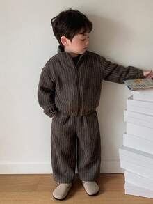 Dazy Kids Baby Boy) Striped Long Sleeve Jacket & Long Pants Korean Style 2 Pieces Set Toddler Fall - Coffee Brown - View 1