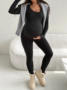 SHEIN Maternity Solid Color Long Sleeve Fitted Casual Jumpsuit - Black - View 5