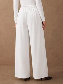 Juhart Plus Size Women Solid Color Button Design Side Waist Knot 2 In 1 Elegant Long Pants - White - View 2