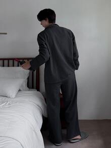 DAZY 春秋款男士長袖黑色條紋長褲家居服套裝 - 黑色 - 查看 2