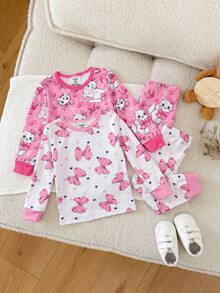 SHEIN 女嬰卡通印花長袖上衣與內搭褲2件式居家服套裝 - 粉色 - 查看 3