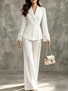 SHEIN Women's Elegant Party Pleated Ruffle Sleeve Long Sleeve Pants Suit, Beige - Black and White - View 8