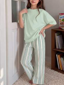 少女休閒甜美風簡約條紋圓領短袖長褲家居服套裝，適合日常居家穿著，舒適隨興，時尚女孩休閒穿搭 - 彩色 - 查看 3