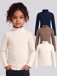 3pcs Tween Girls' Casual All-Match Solid Color Ribbed Lettuce Trim Mock Neck T-Shirts - Multicolor - View 6