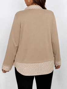 SHEIN Clasi CURVE 大尺碼女款秋冬時尚休閒寬鬆舒適日常基礎極簡格紋拼接翻領長袖襯衫 - 卡其色 - 查看 2