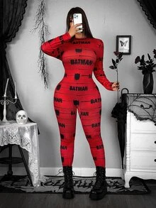 Whyspr BATMAN X SHEIN Plus Size Women's Letter Print Long Sleeve Casual Jumpsuit - Multicolor - View 1