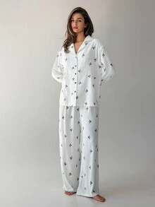 Livesso Women's All-Over Print Long Sleeve Top And Pants Casual Daily Home Sleepwear Set - White - View 6