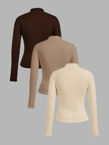 SHEIN EZwear 女款素色小立領長袖百搭休閒T恤（3件組） - 彩色 - 查看 2