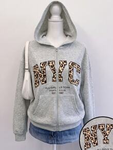 Teen Girl Letter Pattern Casual Daily Wear Zip-Up Sweatshirt - Multicolor - View 3