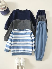 SHEIN 6件組兒童小男孩秋冬休閒運動衫與長褲套裝，運動衫套裝，男孩套裝，秋冬套裝，運動套裝，基礎多件套裝，條紋套裝 - 彩色 - 查看 2