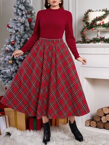 SHEIN Clasi Plus Size Women Solid Color Long Sleeve T-Shirt And Plaid Skirt Elegant 2 Pieces Set - Burgundy - View 4