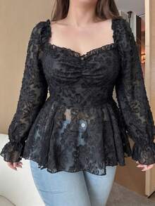 Vibekara New Elegant Sweet Chiffon & Contrast Lace Puff Sleeve Blouse, Frill Trim Cropped Shirt For Women, Slim Fit Fall - Black - View 1