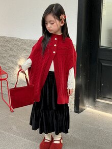 Dazy Kids (Tween Girl) 寬鬆粗繩編織可愛披肩式開襟毛衣，秋冬款 - 酒紅色 - 查看 5