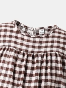 SHEIN Tween Girl Plaid Pleated Kids Casual Daily Summer Dress - Coffee Brown - View 3