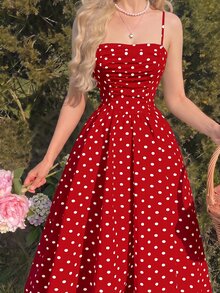 SHEIN MOD Vintage French Classic Ruched White And Black Polka Dot Spaghetti Strap Midi Dress Vacation Summer - Dark Red - View 1