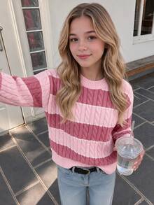 SHEIN Tween Girls Striped Colorblock Cable Knit Round Neck Long Sleeve Pullover Sweater, Casual Minimalist Comfortable Versatile Elegant Autumn/Winter Style - Pink - View 1