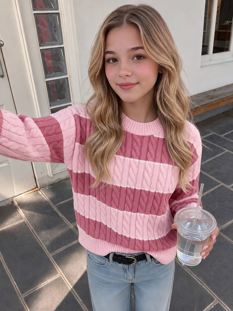 SHEIN Tween Girls Striped Colorblock Cable Knit Round Neck Long Sleeve Pullover Sweater, Casual Minimalist Comfortable Versatile Elegant Autumn/Winter Style - Pink - View 1