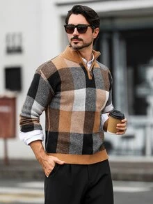 Marcello Vane 男士秋冬格紋半拉鍊長袖休閒針織衫 - 彩色 - 查看 5