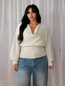 Rustia Plus Size Women Knit Sweater, Draped Cowl Neck Lantern Long Sleeve Knitted Top, Ribbed Hem Slim Fit Solid Color Elegant Fall Winter Essential - Apricot - View 3