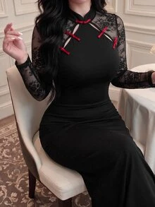 Vibekara Plus Size Women Lace Patchwork Elegant Waist-Cinching Party Dress - Black - View 5