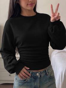 青少年女孩秋冬基礎款純色百褶不對稱領長袖套頭衫 - 白色 - 查看 3