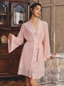 Côtesoire Women's Southern French Romantic Glossy Velvet Camisole Dress, Mesh Lace Robe Sleepwear Set - Pink - View 3