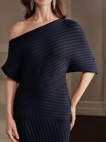 Anewsta Women's Sexy Asymmetrical Shoulder Side Slit Sweater Dress - Blue - View 6