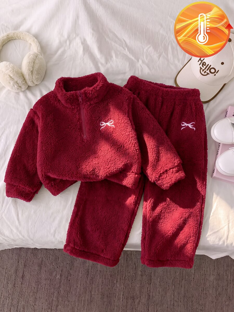 SHEIN 2件組幼童女款運動衫+運動長褲 可愛酒紅色蝴蝶結刺繡飾邊 半拉鍊長袖立領 開學季秋季套裝 - 紅色 - 查看 1