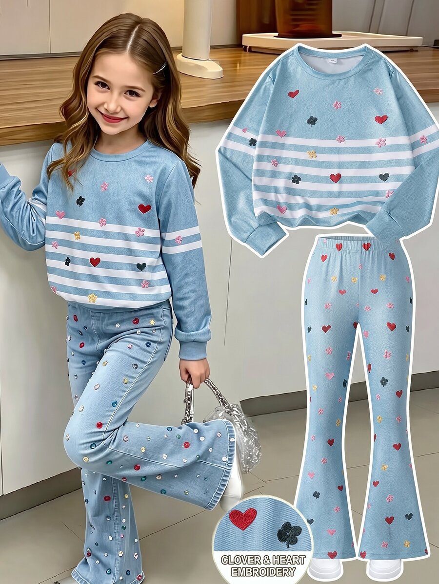 SHEIN ChillGRL Tween女孩 8-12歲 2件套秋季套裝,圓領長袖T恤與修身長褲,淺藍色可愛學院風校園穿搭 - 藍色 - 查看 1