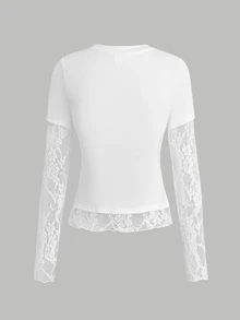 SHEIN Tween Girls White Knitted Fitted Waist Design Contrast Lace 2 In 1 T-Shirt, Suitable For Daily Commute And Back To School Outfits - White - View 2