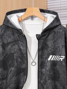 SHEIN 青少年男孩黑色樹枝圖案連帽衛衣與黑色字母印花寬鬆休閒運動長褲2件套，時尚街頭風，適合休閒戶外運動與校園穿搭 - 彩色 - 查看 6