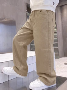 SHEIN Little Byeori 兒童青少年男孩咖啡棕色寬鬆舒適寬腿牛仔褲，萬聖節與黑色上學款 - 卡其色 - 查看 6