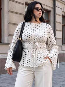 Easura Plus Size Casual Black & White Polka Dot Cinched Waist Long Sleeve Bell Sleeve Blouse - Apricot - View 12
