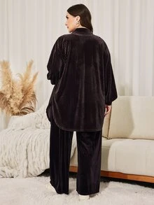 Lacomfia Women's Velvet Loose Elegant Versatile Autumn/Winter Coffee Color Plus Size 2 Pieces Set - Coffee Brown - View 2