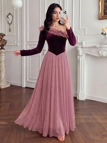 Modelyn Women's Elegant Asymmetrical Shoulder Ruffle Velvet & Sequin Patchwork Full Skirt Formal Evening Long Sleeve Dress - Burgundy - View 4