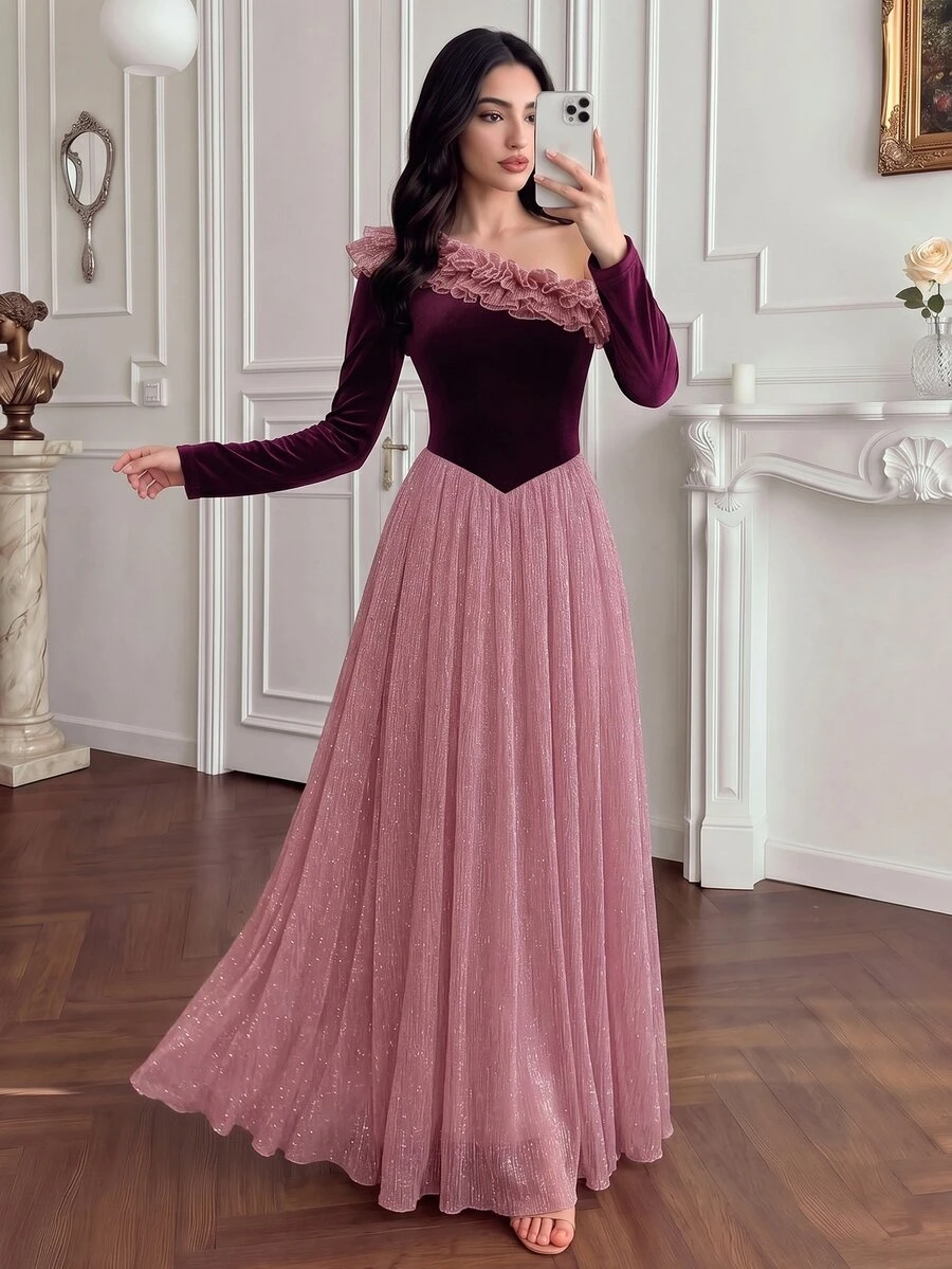 Modelyn 女款優雅不對稱單肩荷葉邊天鵝絨與亮片拼接大裙擺正式晚宴長袖洋裝 - 酒紅色 - 查看 1