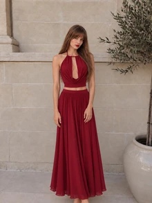 INAWLY Burgundy Halter Deep V-Neck Ruched Cropped Top + Flowy Pleated Long Skirt 2 Pieces Set - Burgundy - View 6