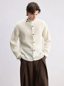 RONVEXI Men's Solid Color Drop Shoulder Long Sleeve Single-Breasted Knit Cardigan - Beige - View 2