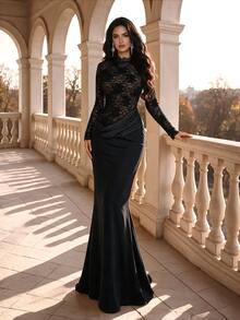Coutiva Elegant Luxury Lace Pleated Mermaid Tail Evening Dress - Black - View 2