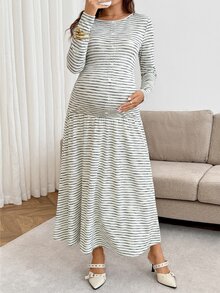 SHEIN Maternity Striped Round Neck Long Sleeve Ruffle Hem Elegant Dress - Multicolor - View 5