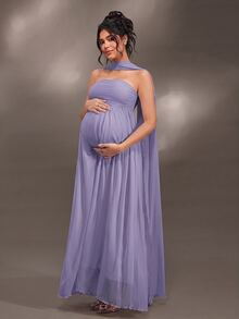 Cheriluna Maternity Elegant Ruffle Detail Solid Color Off-Shoulder Sleeveless Maternity Dress For Baby Shower, Christmas Party - Purple - View 5