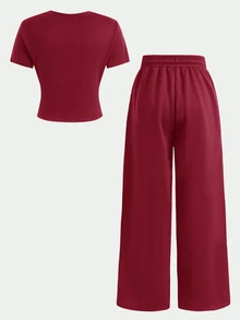 SHEIN Serisse Kids 青少年女孩針織春夏新款時尚休閒極簡棕色T恤配抽繩綁帶寬鬆長褲2件套，日常百搭度假風 - 酒紅色 - 查看 5