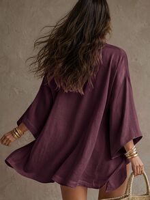 Solivie 3 Pieces Linen Women's Solid Color Camisole Top, Shorts And Robe Casual Everyday Set - Burgundy - View 2