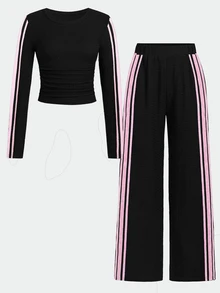 SHEIN Teen Girls Spring Autumn Brown Knitted Textured Fitted Ruched Crew Neck Pink Ribbon Trim Long Sleeve T-Shirt And Wide Leg Pants 2 Pieces Set, - Black - View 4