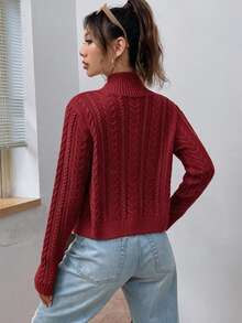 SHEIN EZwear 女款優雅白色麻花編織拉鍊開襟針織外套，秋季休閒日常立領修身長袖針織上衣 - 酒紅色 - 查看 2